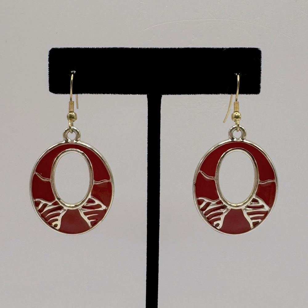 VINTAGE Oval Red Enamel Dangle Earrings